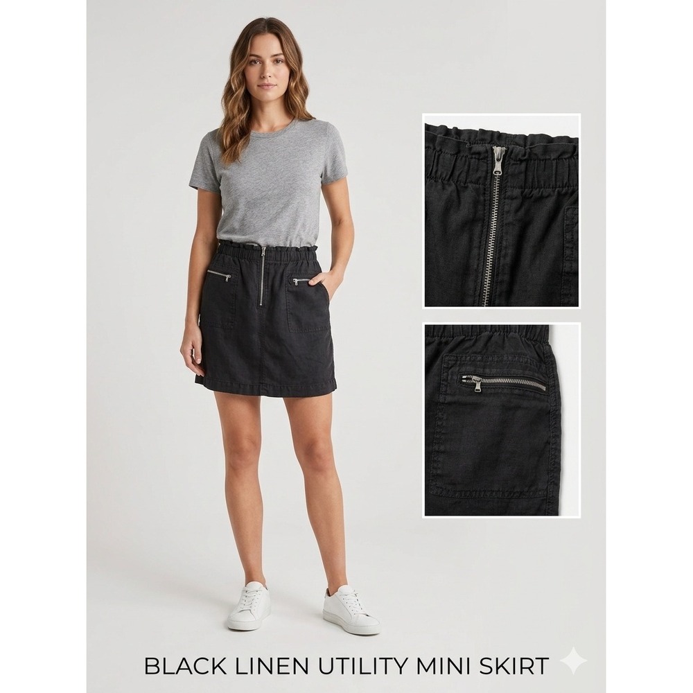 Lou & Grey Mini Skirt Womens Small Black Linen Utility‎ Cargo Paperbag Waist